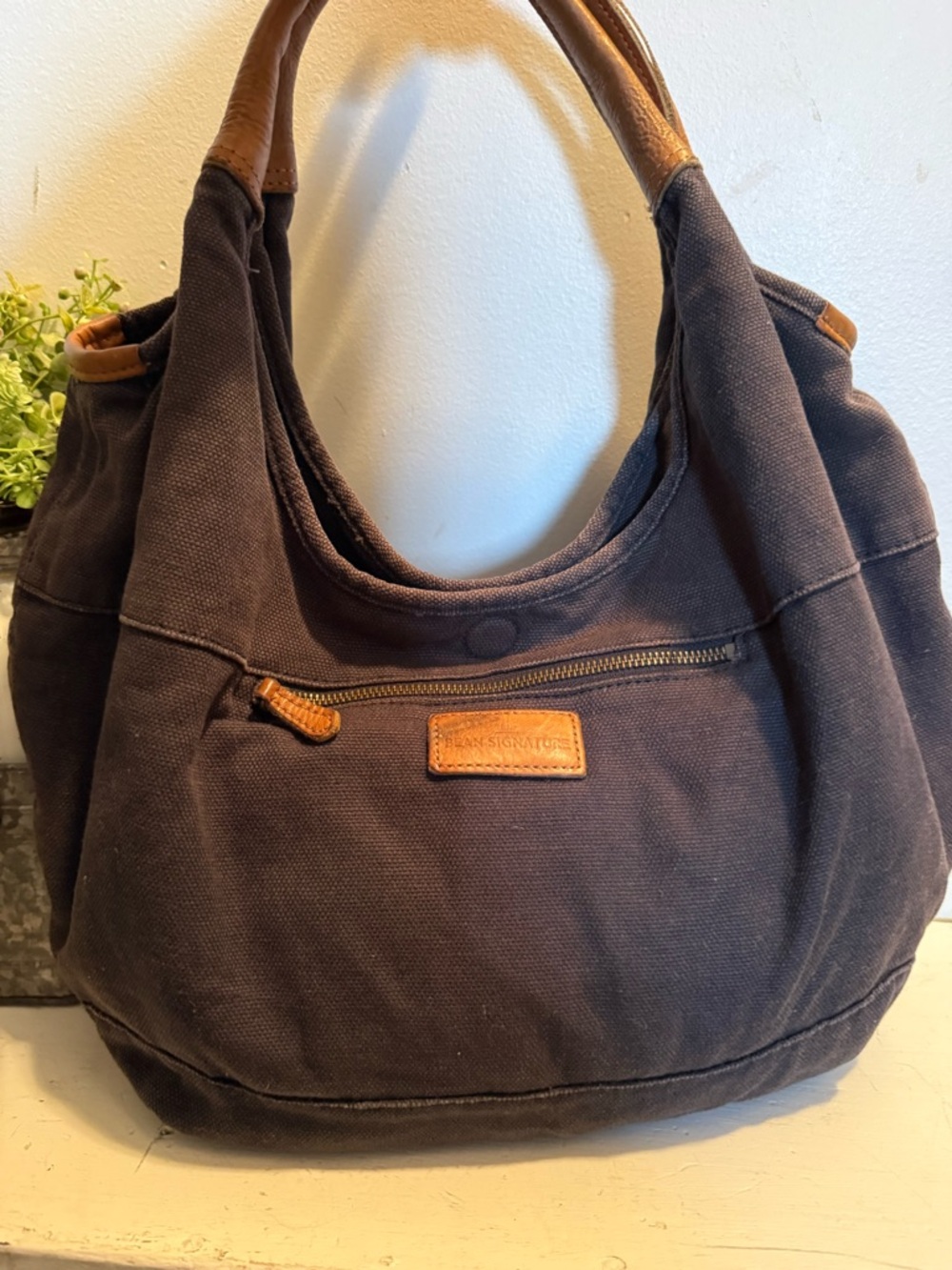 LL Bean Canvas Hobo Shoulder Bag with Leather Trim - Navy - Picture 2 of 8